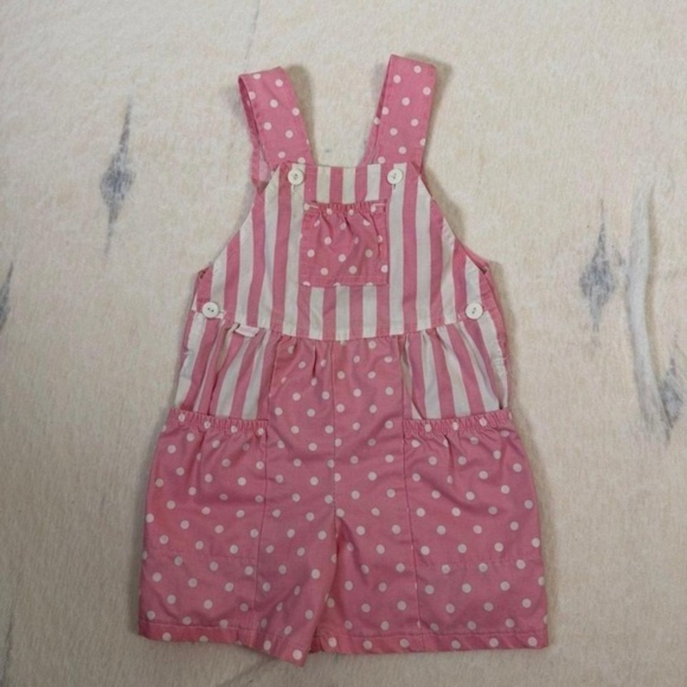 VTG Liberty Girls Pink Polka Dot‎ Shortalls Overalls 4T Striped Patchwork Cotton